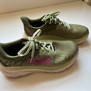 Hoka Women's Olive Green Running Shoes with Pink Logo